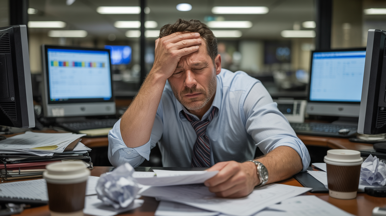Gestresster Geschäftsmann am Schreibtisch mit Dokumenten und Kaffeebecher – Symbol für Erschöpfung, Burnout und Leistungsdruck. Visualisierung für Longevity Retreat Männer: Performance Reset, Fokus und Regeneration nach Dauerstress.