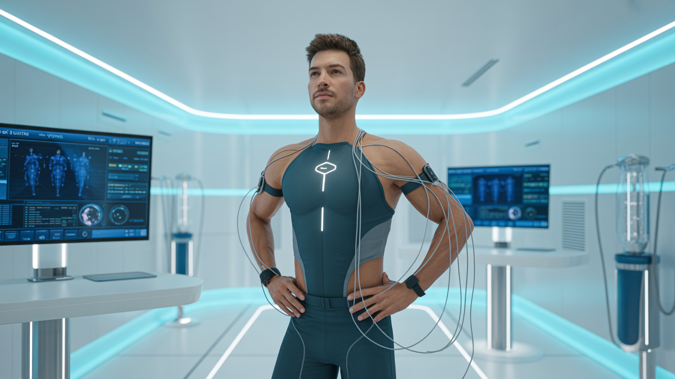 Mann in futuristischem Labor mit Sensoren und Diagnostik-Kabeln – Symbol für Biohacking, Longevity und Leistungsanalyse. Darstellung moderner Gesundheitsdiagnostik im Longevity Retreat für Männer: Energie, Fokus und körperliche Optimierung.