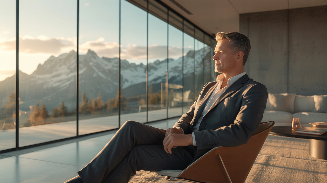 Business-Mann sitzt entspannt vor Panoramafenster mit Blick auf die Berge – Symbol für mentale Stärke, Achtsamkeit und innere Ruhe. Das Bild verkörpert Resilienz, Balance und bewusste Regeneration im Sinne moderner Longevity-Programme für Männer