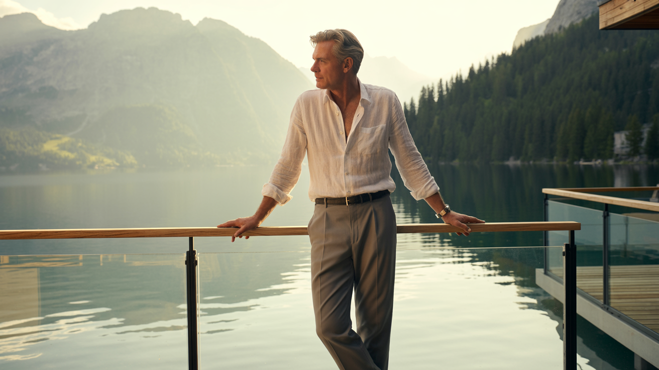 Mann steht barfuß auf einem Steg am Bergsee – Symbol für Ruhe, Energie und Neuanfang. Hero-Bild für Longevity Retreats für Männer: Burnout-Reset, Fokus und Regeneration in exklusiver Naturkulisse