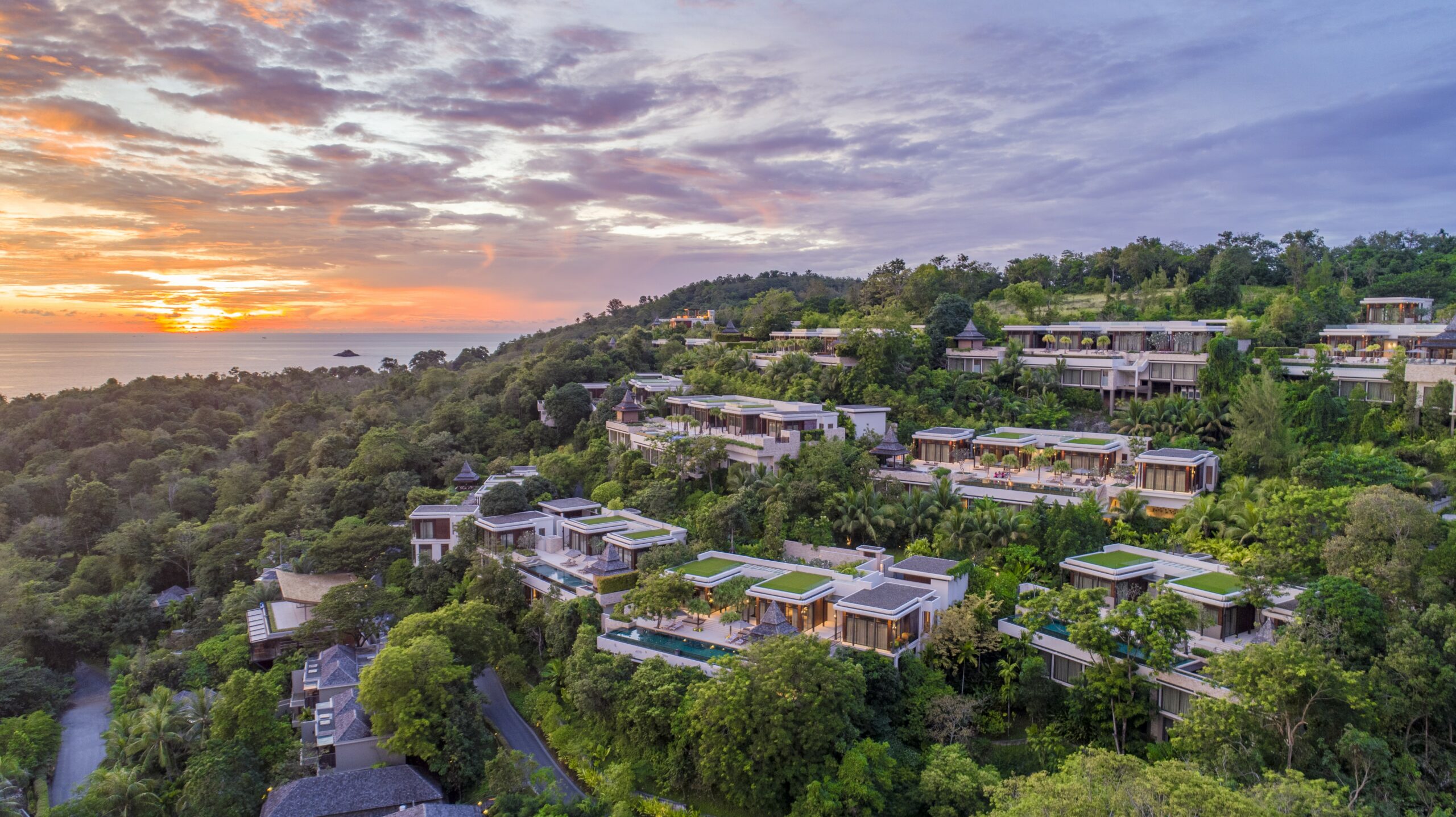 phuket | longevity travel Layan Residences By Anantara Exterior View Aerial View of the Villas at Dusk scaled